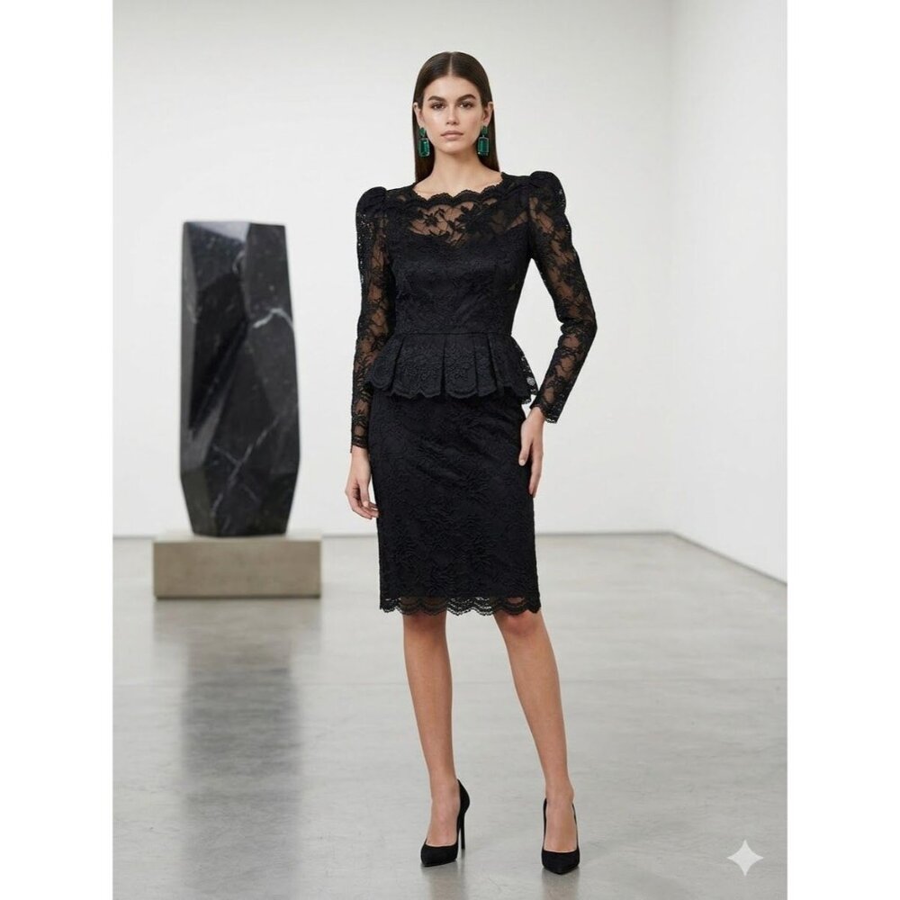 Vintage 80s Victor Costa Vampy Goth Black Lace Wiggle Midi Dress Size 8 Glam